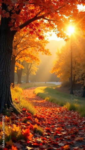 Golden Autumn Landscape Sunlit Leaves Ablaze with Vibrant Fall Colors, Evoking Joy and Warmth of the Season. Perfect for seasonal celebrations, Thanksgiving, and autumnal designs.