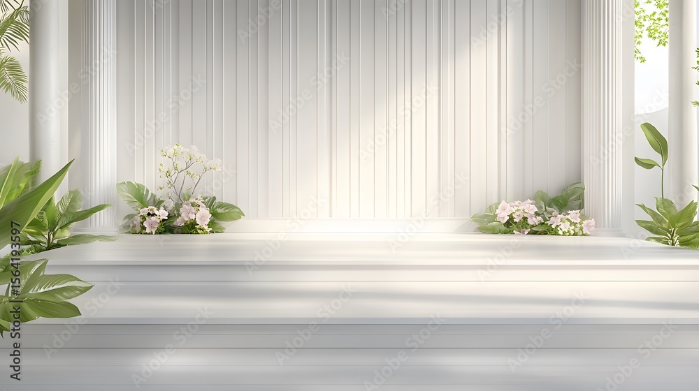 Fototapeta premium Elegant White Platform with Flowers and Columns, Minimalist Product Display Background