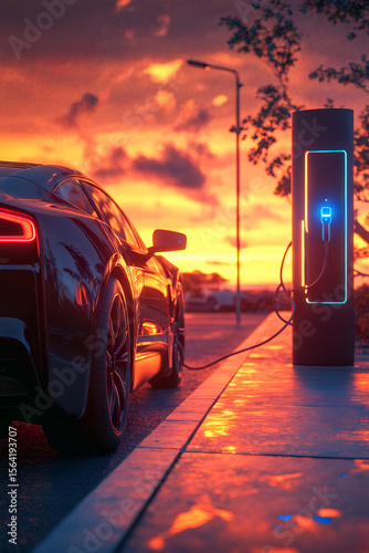 Electric car charging at sunset with vibrant sky and modern charging station in urban setting
