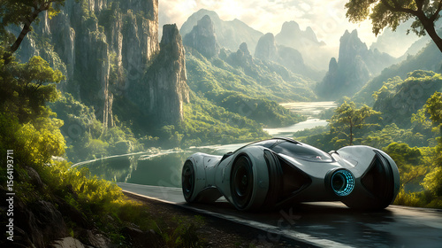 Futuristic concept car traveling on scenic mountain road in lush green valley landscape