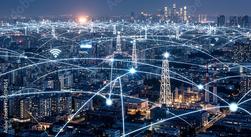 Wallpaper Mural Urban cityscape at night with digital network connections   Torontodigital.ca