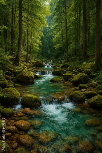 Distant forest stream in deep forest 4K wallpaper