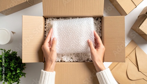 Hands Carefully Placing Bubble Wrap Inside Open Cardboard Box