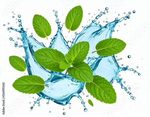 3d water splash with green tea or mint leaves isolated on transparent background 
