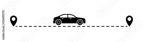 Simple pathway illustration with car icon and location pins, representing navigation, travel route, destination tracking, and journey planning concept