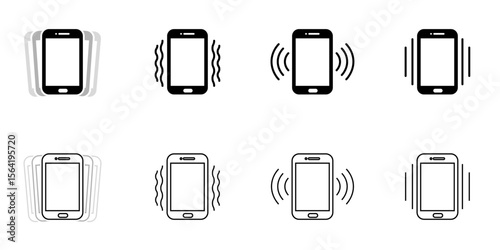 Phone vibration icon set in line and filled styles showing mobile device alerts notification signals ringing vibration patterns silent mode and interface status indicators