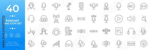 Line icon set for podcasts and audio broadcasting including microphones headphones sound waves recording devices play buttons speakers and sound equipment for digital media content