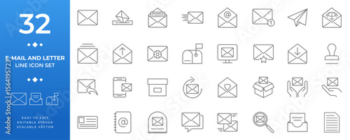 E-mail and letter communication line icon set featuring mail, messages, digital correspondence, inbox, and postal service symbols for web and app design.