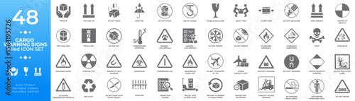 Cargo warning signs and symbols filled icon set featuring shipping instructions, handling precautions, hazard warnings, and packaging safety for logistics.