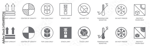 Dual style icon set for storage and orientation signs with line and filled designs showing package handling environmental warnings and logistics instructions for safe transport