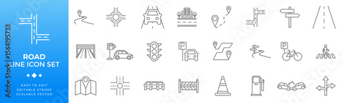 Line icon set for roads and transportation showing various road types traffic signs navigation symbols street layouts and infrastructure for urban travel and map applications