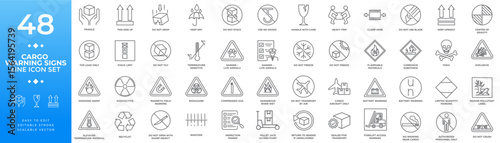 Cargo warning signs and symbols line icon set featuring shipping instructions, handling precautions, hazard warnings, and packaging safety for logistics.