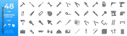 Handyman and construction tools filled icon set featuring essential instruments for repair, building, renovation, and home improvement work illustrations.
