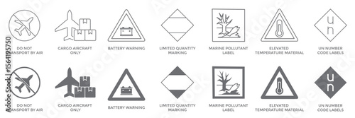 Dual style icon set for transportation warnings and cargo labels with line and filled designs representing air marine battery and temperature sensitive shipment handling
