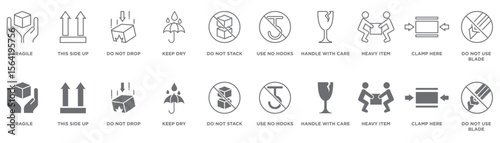Handling and fragility warning line and filled icons for logistics, featuring essential shipping instructions and package safety symbols for careful transport.