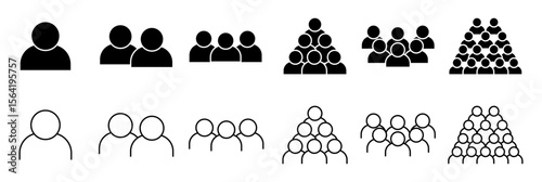 Collection of black filled and outlined user group icons depicting individuals, teams, and hierarchical structures, representing concepts of business, networking, and social interaction