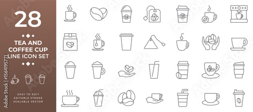 Line icon set for hot and cold tea and coffee beverages showing cup styles tea bags beans brewing equipment and accessories used in drink and cafe establishments