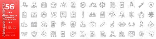 Line icon set for public health and medical services including doctors hospitals patient care diagnostics research treatment and healthcare symbols for professional applications