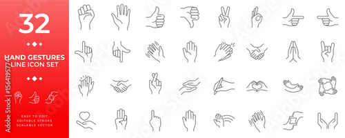 Diverse collection of human hand gestures line icons, illustrating various communication signals, expressive body language, and non-verbal interaction symbols for design