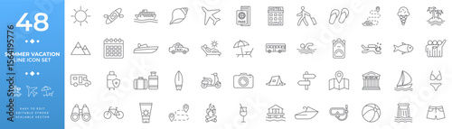 Extensive line icon set for summer vacation and leisure travel featuring beach activities transport camping gear and holiday essentials used in tourism and travel applications