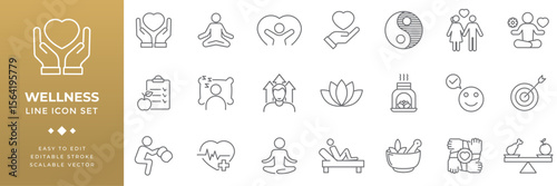 Line icon set featuring symbols of health fitness nutrition mindfulness meditation relaxation and mental well being representing concepts of wellness self care balance and lifestyle