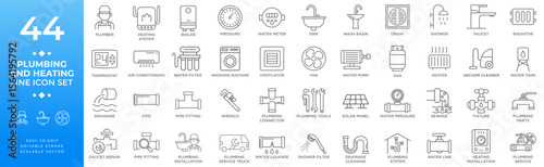 Plumbing and heating line icon set including tools fixtures appliances pipes valves wrenches boilers radiators and maintenance symbols for home repair renovation and improvement services