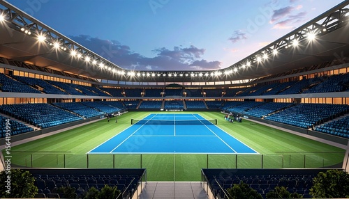 Professional wide angle photo of a luxury tennis stadium with unique futuristic architecture, pristine court surface