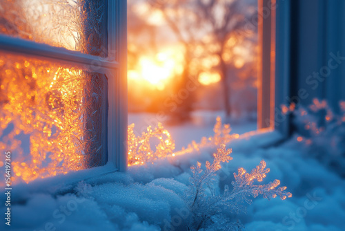 Snow-covered window with sun shining through.