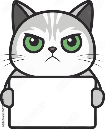 Cute grumpy not amused cat holding blank sign, vector