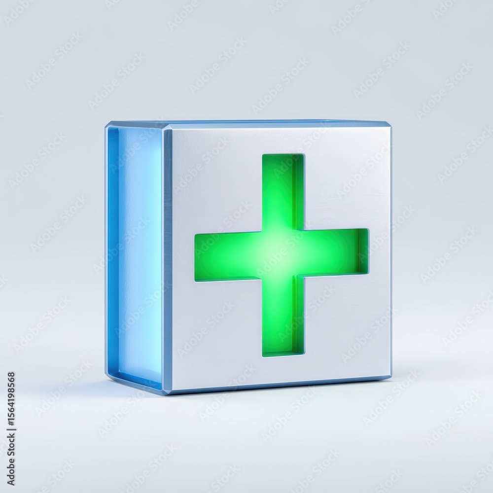 Obraz premium Modern medical symbol with glowing green cross in a blue and silver cube, representing healthcare and emergency services