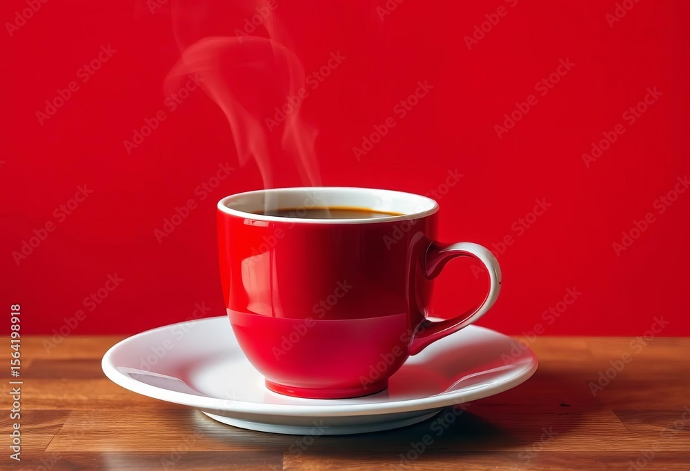 Fototapeta premium Red coffee cup steaming, on saucer atop white plate against red wall, image, beverage