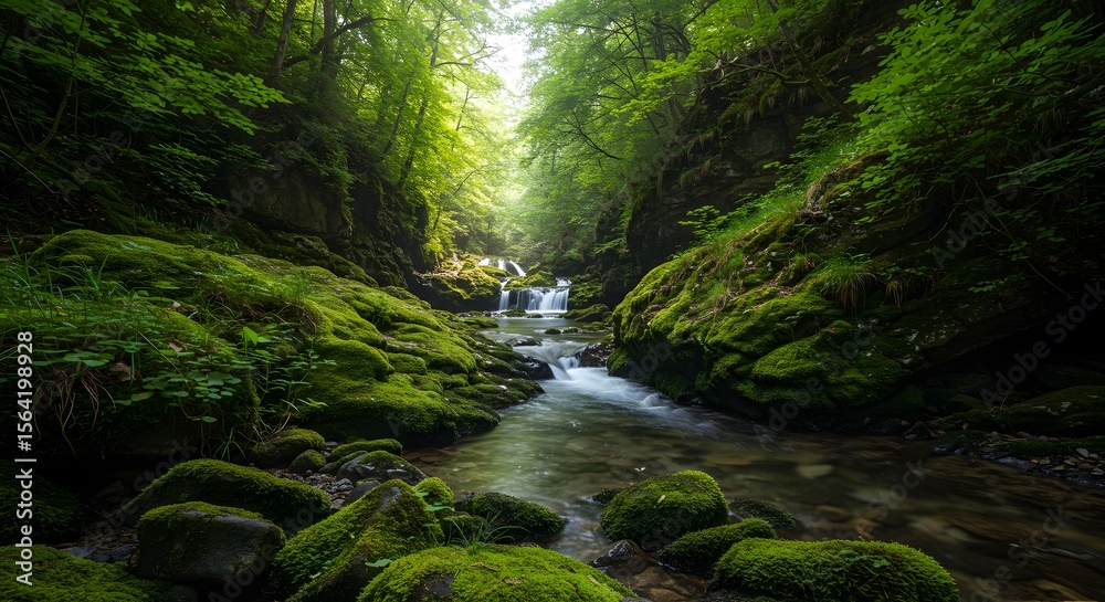 Fototapeta premium Emerald Stream: Mossy Rocks and Forest Cascade