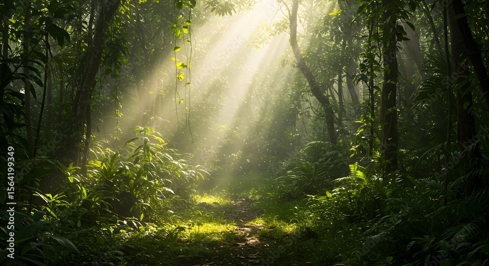 Obraz premium Sunlit Path Through Lush Jungle Forest