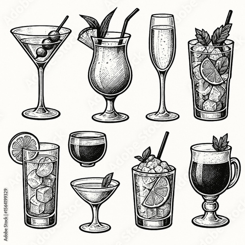 Assorted Cocktail Glasses Vector Illustration in Black and White