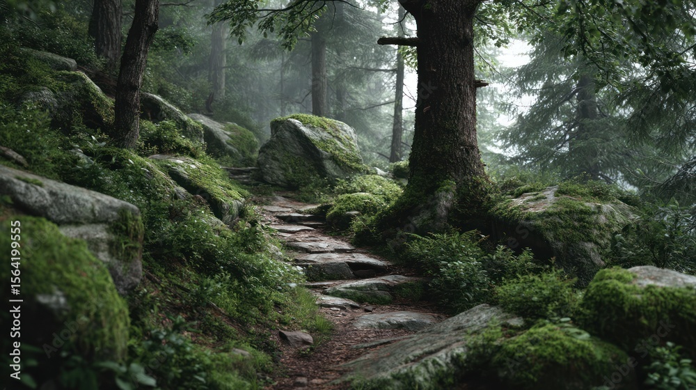 Obraz premium Misty Forest Path: A Stone Stairway Through Mossy Rocks and Ancient Trees