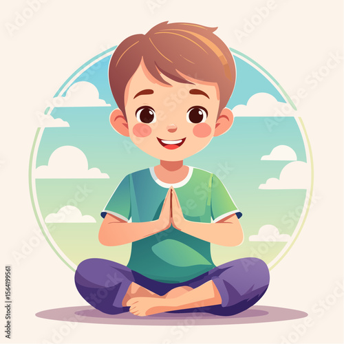 Wellness vector features a confident young boy holding a yoga pose. Captured with soft light and a pastel background, it radiates playful focus, clarity, and strength in a healthful lifestyle scene