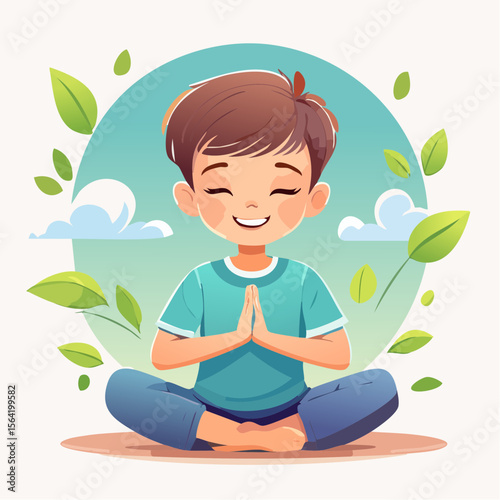 Wellness vector features a confident young boy holding a yoga pose. Captured with soft light and a pastel background, it radiates playful focus, clarity, and strength in a healthful lifestyle scene