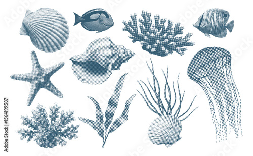 underwater elements set, fish, seashells, coral, starfish, jellyfish, retro halftone effect style, sea collection