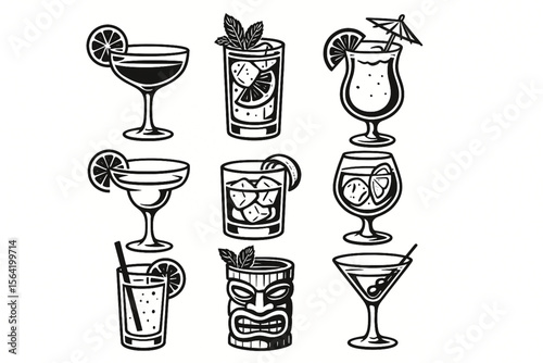 Assorted Cocktail Glasses Vector Illustration in Black and White