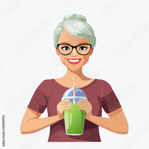 A refreshing wellness vector showing a smiling senior woman holding a green smoothie. Captured in soft lighting with a light neutral backdrop, the image conveys vitality, joy, and healthy living.