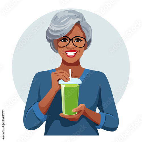 A refreshing wellness vector showing a smiling senior woman holding a green smoothie. Captured in soft lighting with a light neutral backdrop, the image conveys vitality, joy, and healthy living.
