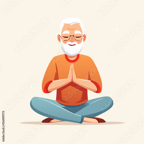 This peaceful vector shows an elderly man meditating with eyes closed and hands resting on knees. Captured in soft light with a cream background, it embodies wisdom, calm, and wellness focus.