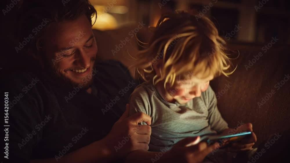 Smiling Child Playing Game Next to Father