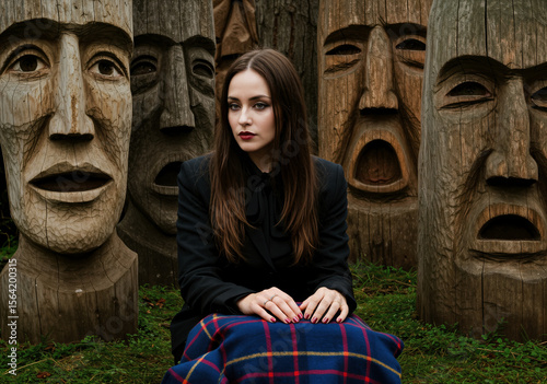 A pensive woman sits amidst carved wooden totems, blending mystery and folklore in an evocative, profound atmosphere