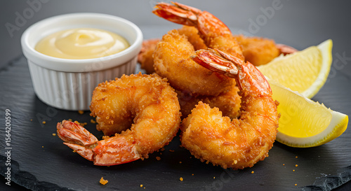 Golden Fried Shrimp Tempura with Lemon Wedges and Creamy Dipping Sauce on Dark Stone Platter