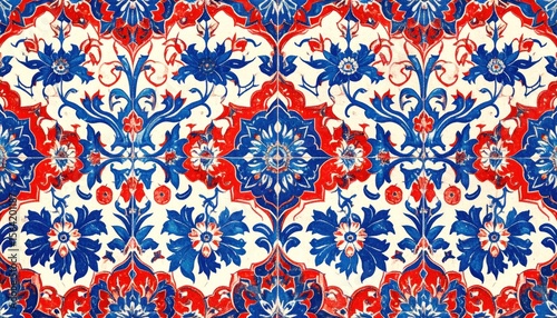 Vibrant floral pattern featuring intricate blue and red designs on a white background