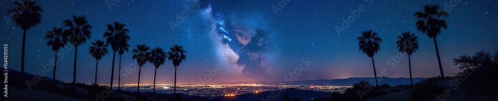 Fototapeta premium Tranquil California Night Silhouetted Palm Trees and Starry Sky Illuminated by City Lights