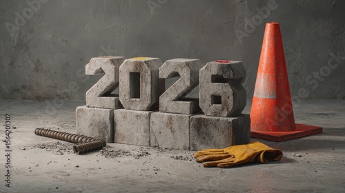 Creative mockup featuring 2026 with concrete blocks and construction tools against a gray background for festive roadwork themes