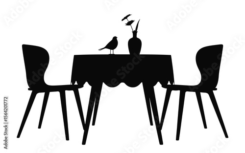 Silhouette of a dining table with two chairs a bird and a vase of flowers