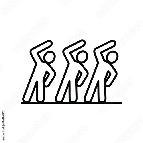 Three stylized figures in a line stretching their arms upwards and to the side